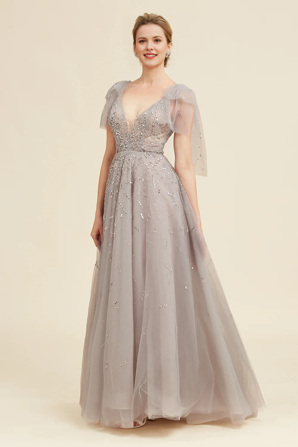 Grey A Line Beading Glitter Mother of Bride Dress