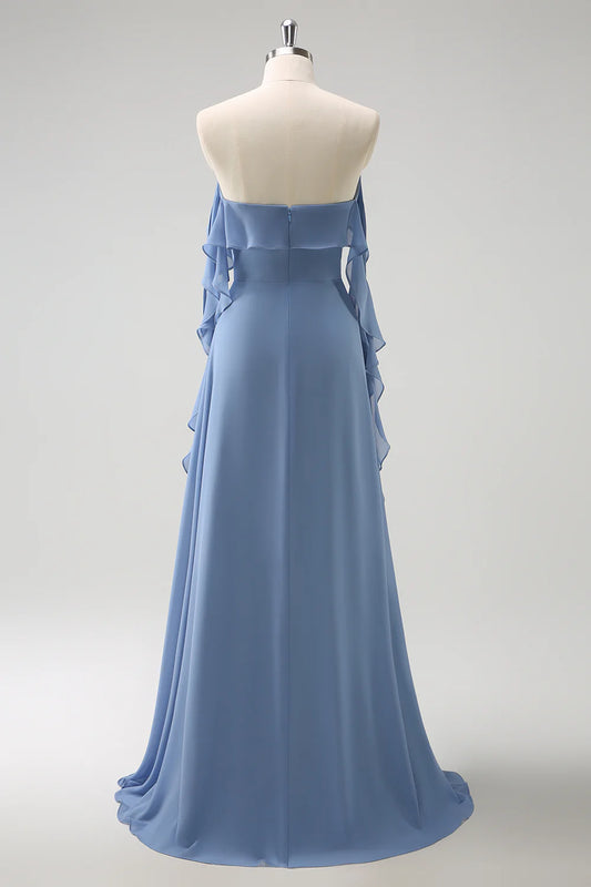 Grey Blue A Line Spaghetti Straps Pleated Chiffon Long Bridesmaid Dress with Slit