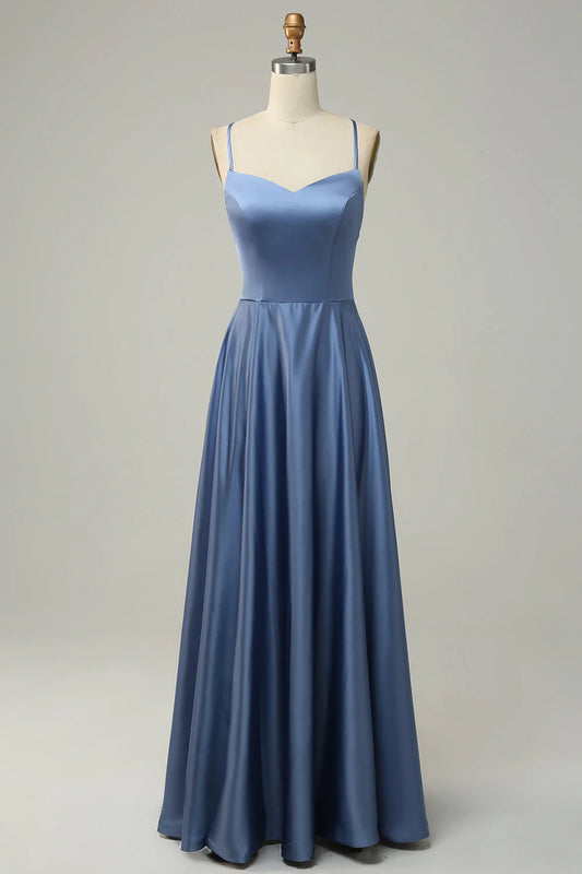 Grey Blue A Line Spaghetti Straps Satin Bridesmaid Dress