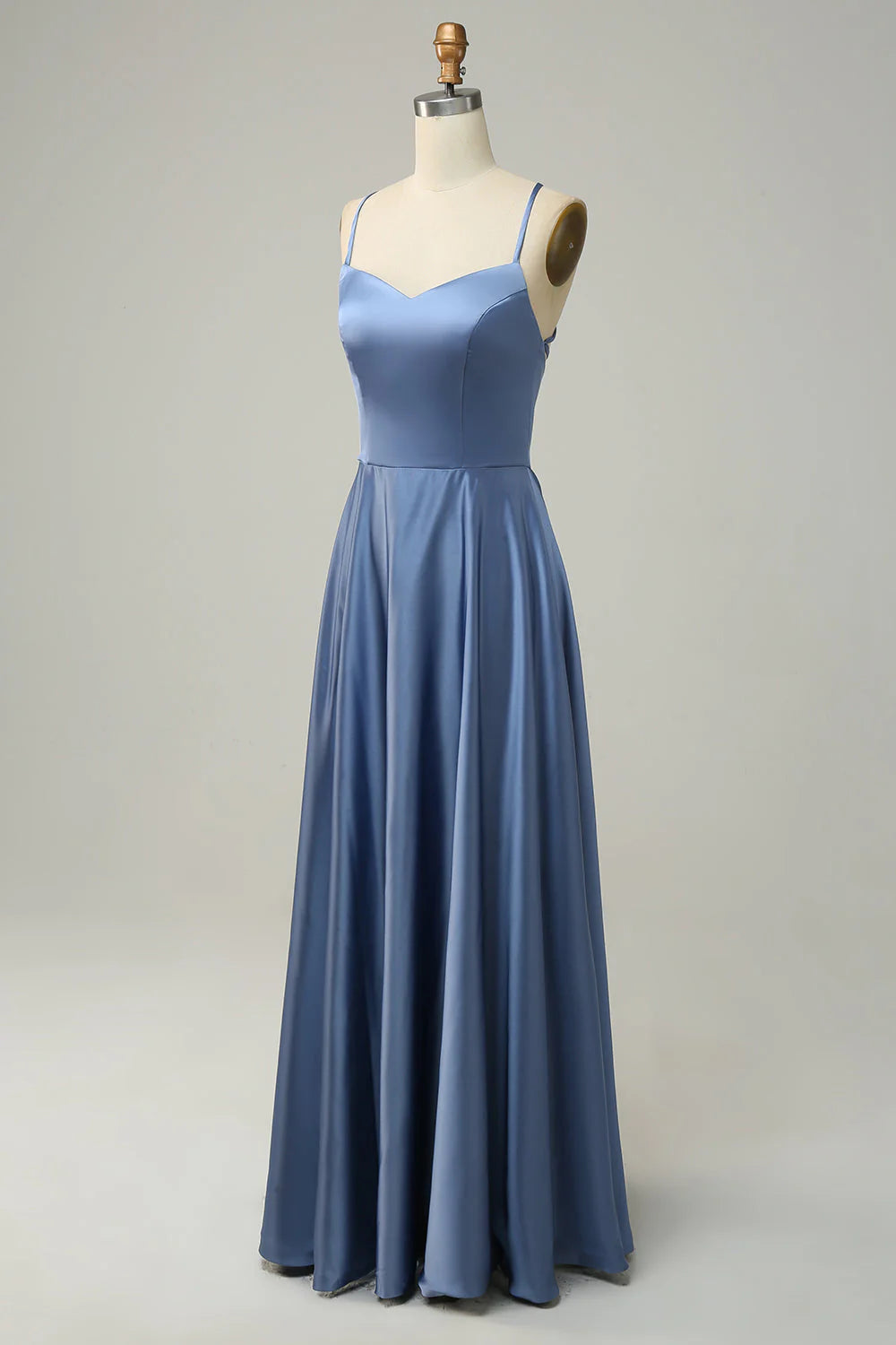Grey Blue A Line Spaghetti Straps Satin Bridesmaid Dress