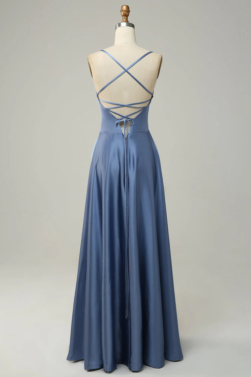 Grey Blue A Line Spaghetti Straps Satin Bridesmaid Dress