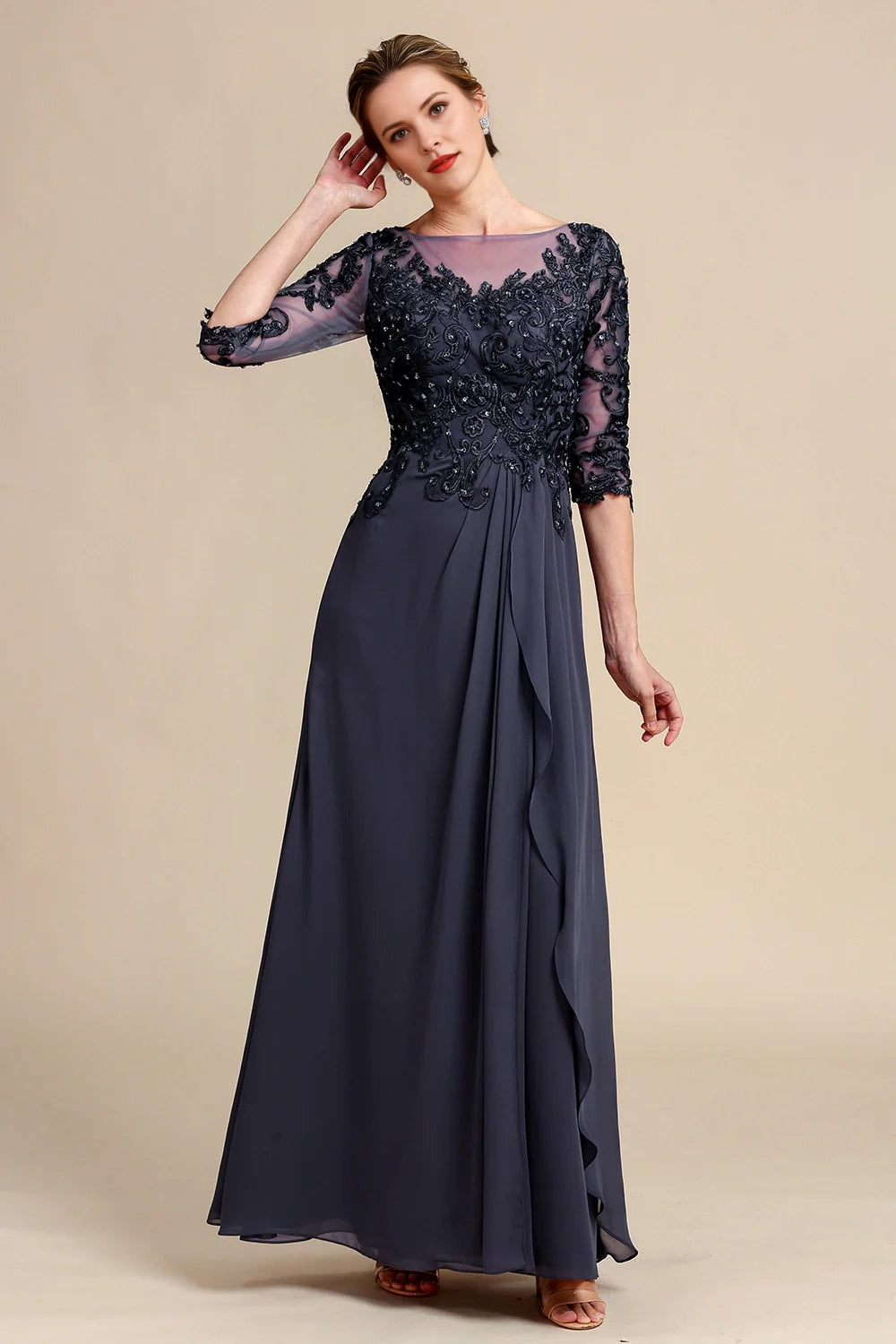 Grey Blue Round Neck A Line Long Chiffon Mother Of Bride Dress With Beading