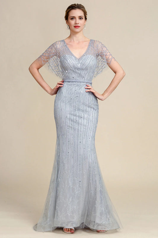 Grey Mermaid Beading V-neck Glitter Mother of Bride Dress