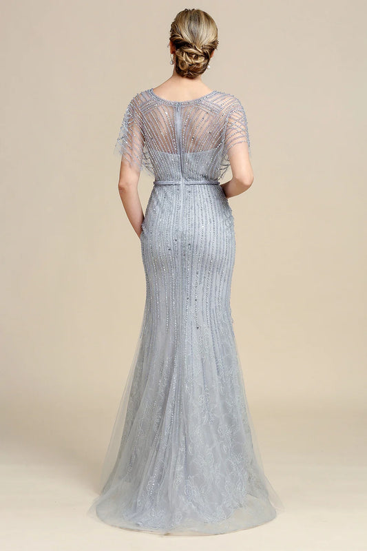 Grey Mermaid Beading V-neck Glitter Mother of Bride Dress