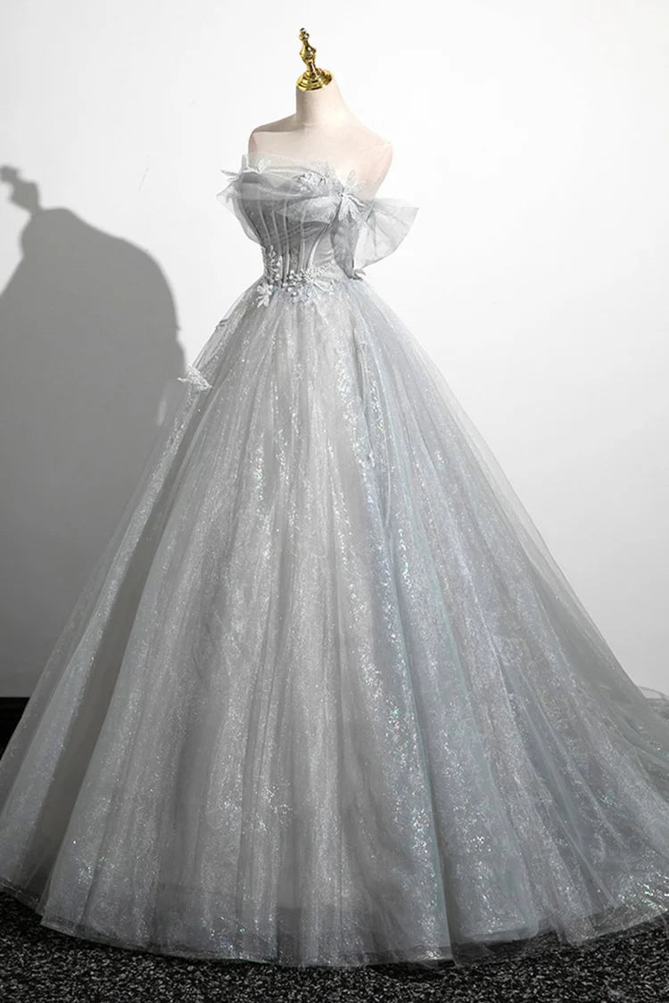 Grey Off Shoulder Glitter Tulle Evening Dresses