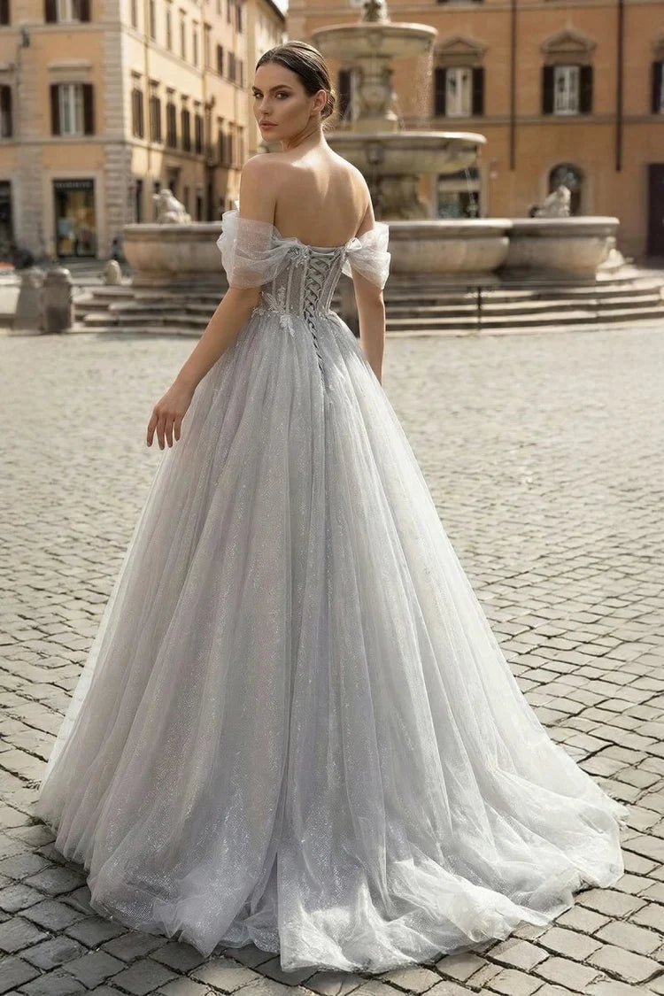 Grey Off Shoulder Glitter Tulle Evening Dresses