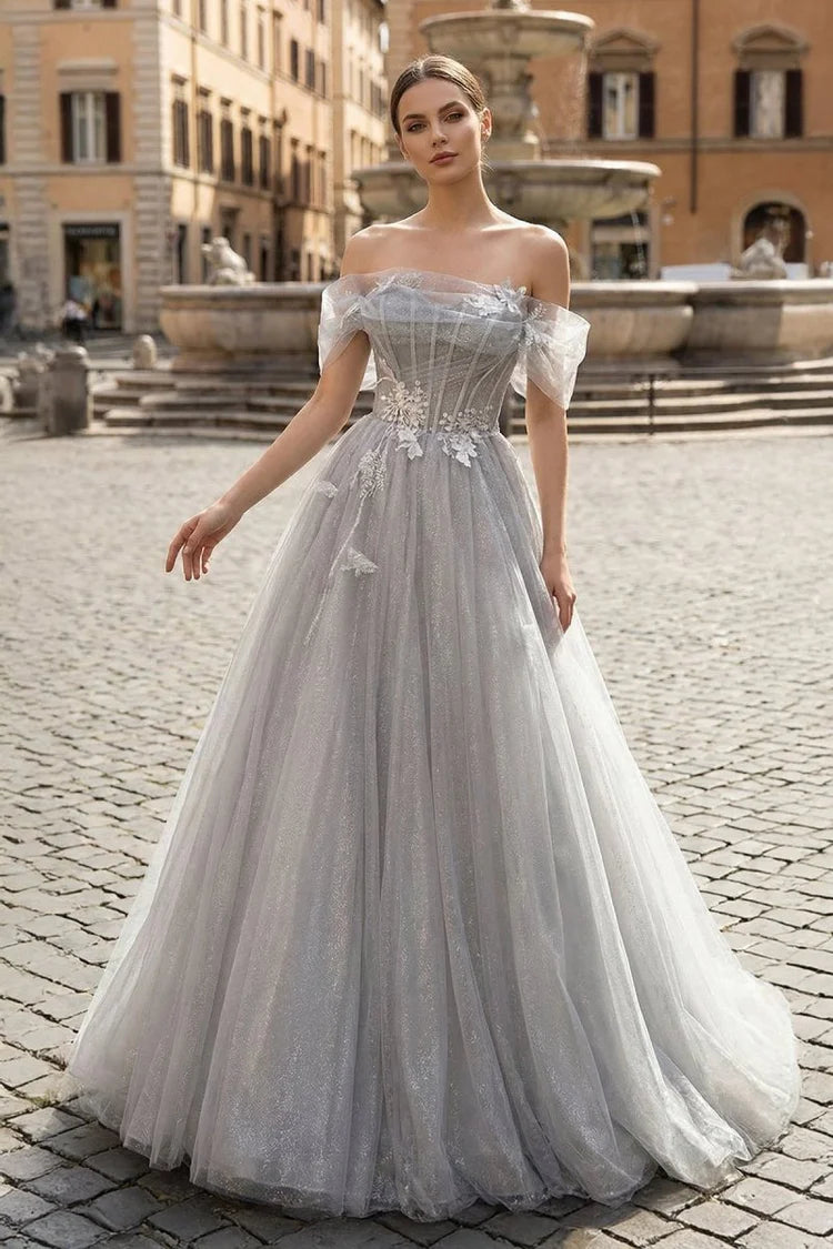Grey Off Shoulder Glitter Tulle Evening Dresses
