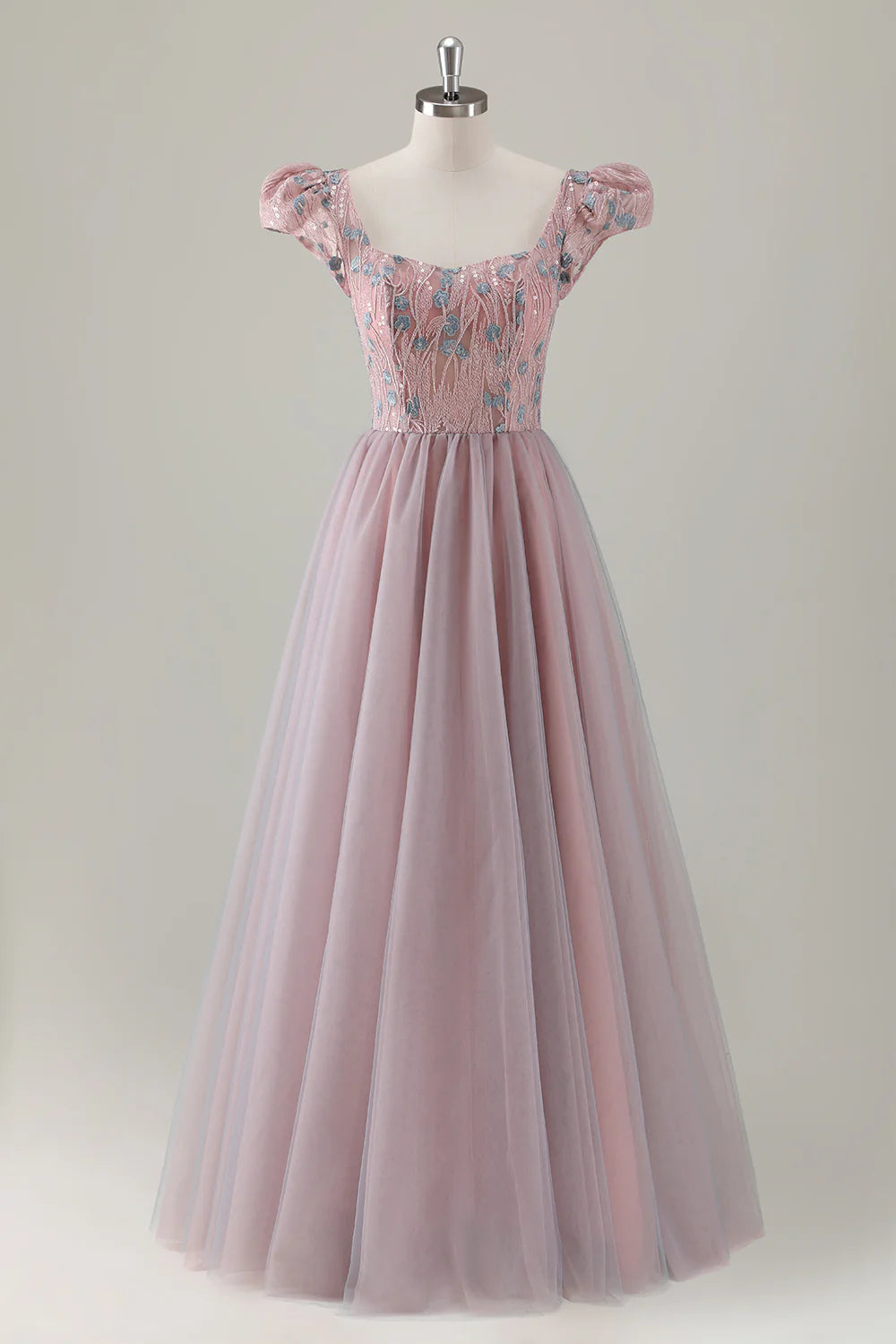 Grey Pink A Line Puff Sleeves Boat Neck Long Prom Dress Ruffle With Sequins Appliqued