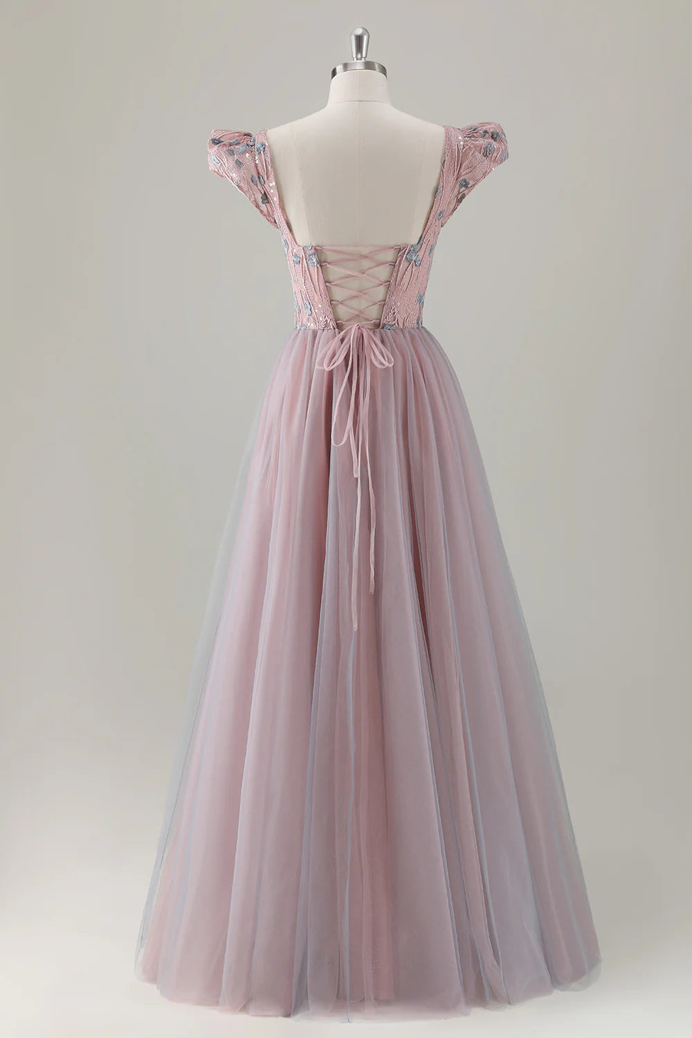 Grey Pink A Line Puff Sleeves Boat Neck Long Prom Dress Ruffle With Sequins Appliqued