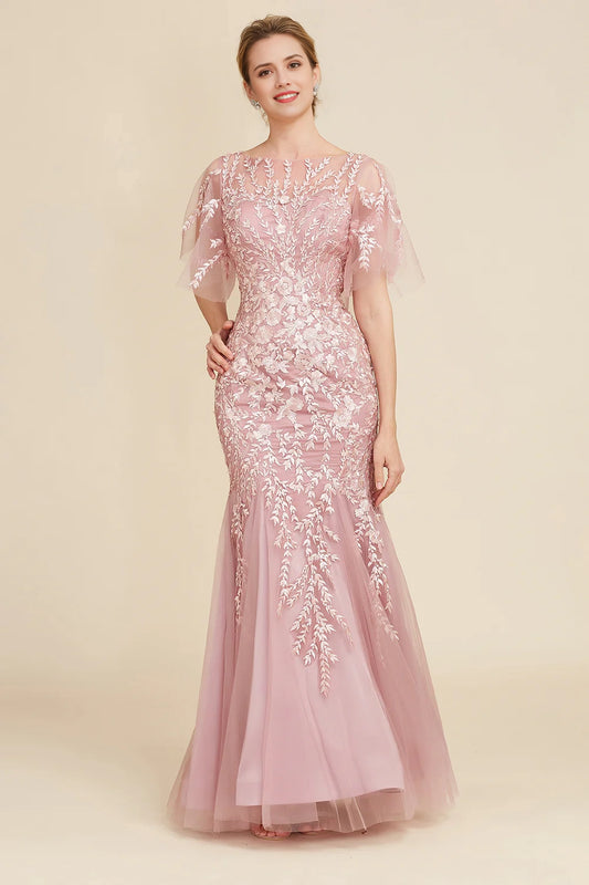 Grey Pink Mermaid Tulle Mother of the Bride Dress with Lace