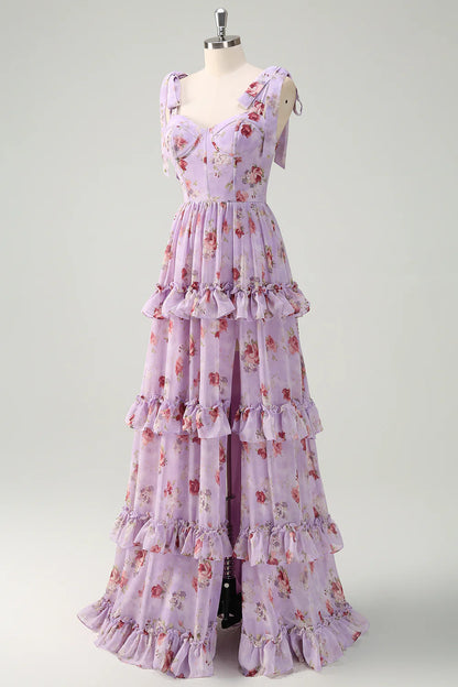 Grey Purple A Line Print Floral Lace Up Back Tiered Long Bridesmaid Dress with Slit