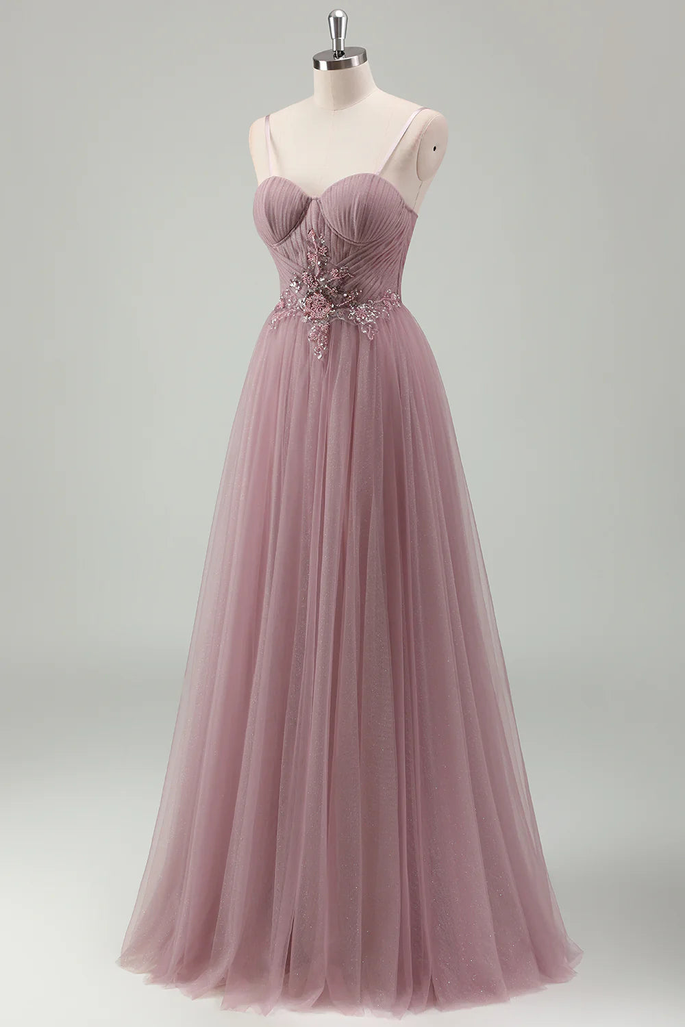 Grey Purple A Line Spaghetti Straps Pleated Long Prom Dress with Appliques