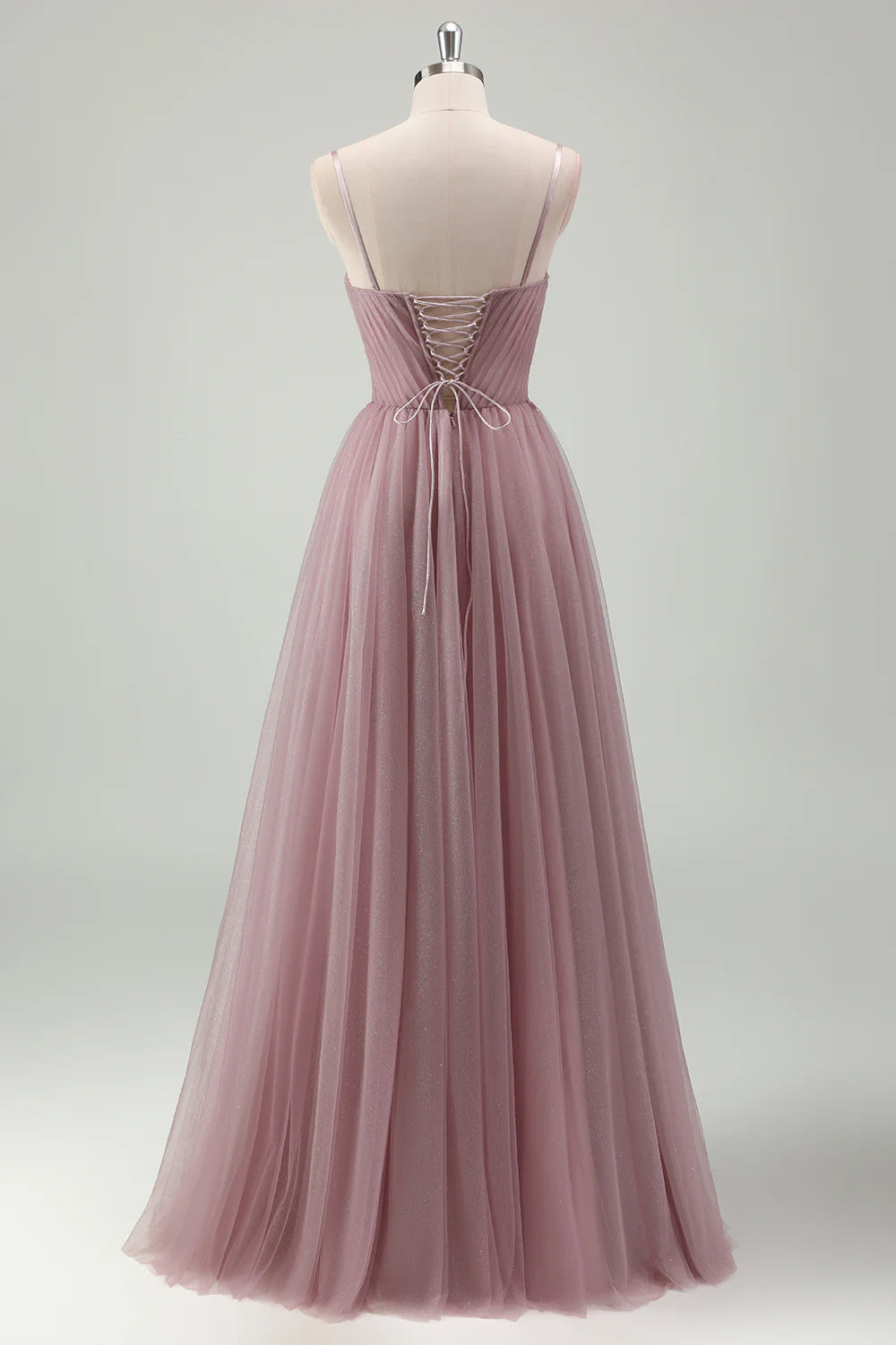 Grey Purple A Line Spaghetti Straps Pleated Long Prom Dress with Appliques