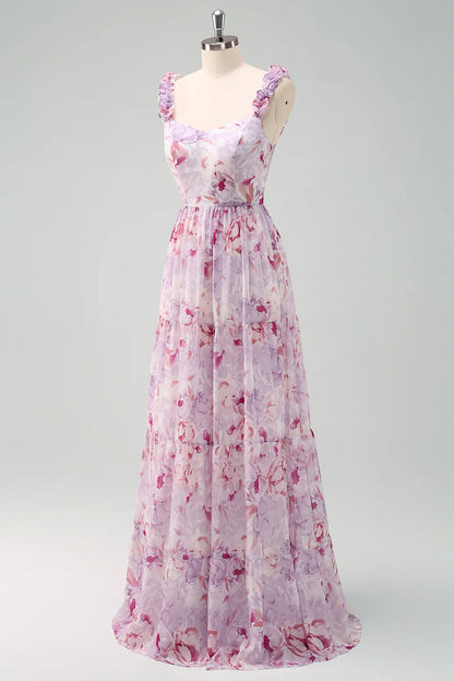Grey Purple A Line Square Neck Print Floral Bridesmaid Dress with Lace Up Back