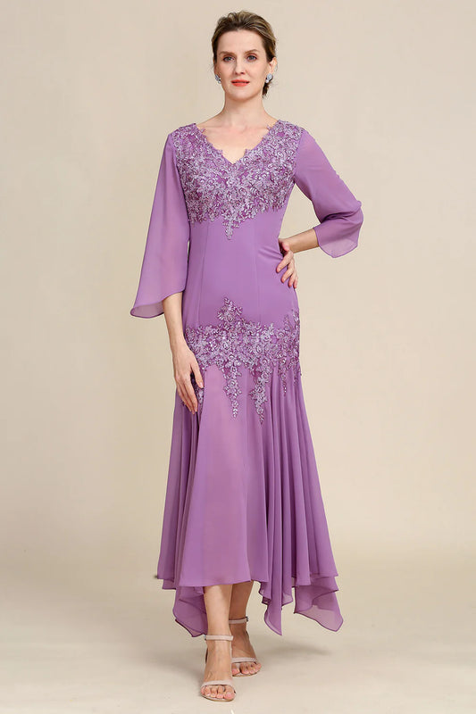 Grey Purple Mermaid Chiffon Mother of the Bride Dress with Lace