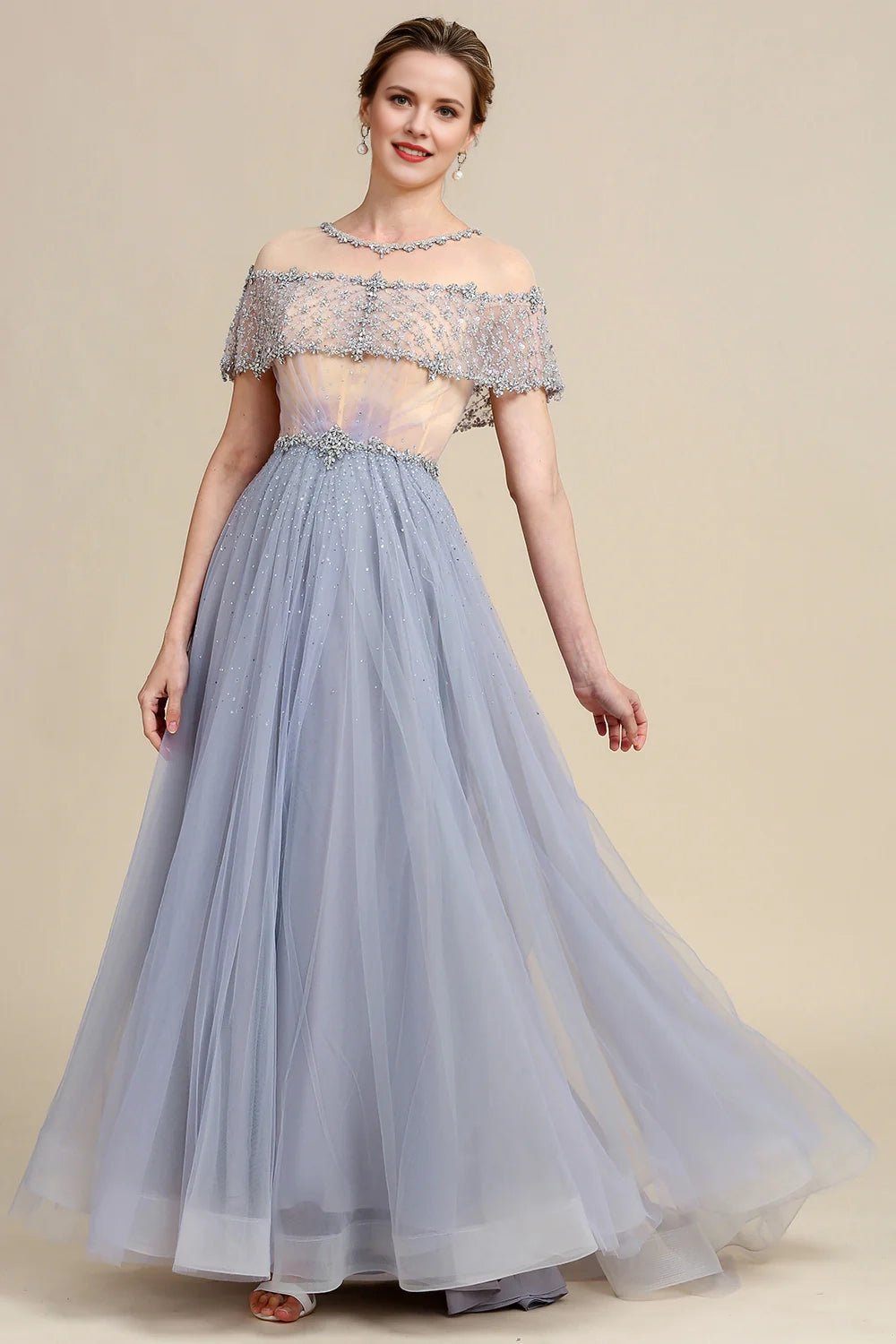 Grey Tulle A Line Beaded Glitter Mother of Bride Dress