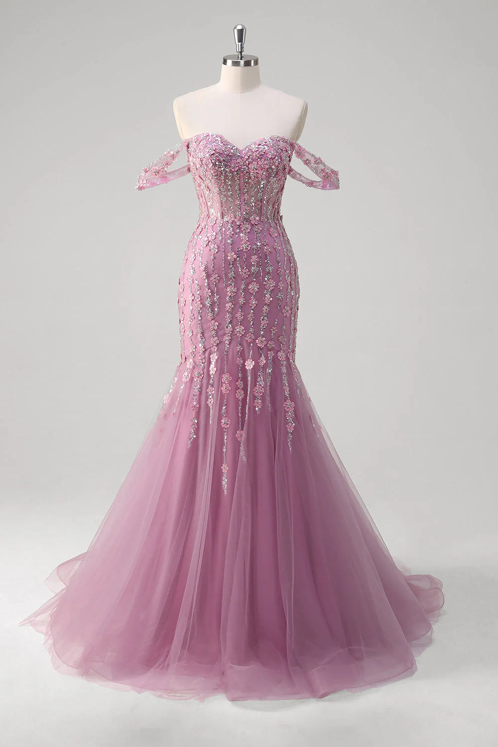 Grey purple mermaid off shoulder tight corset sheer dress with appliqu é