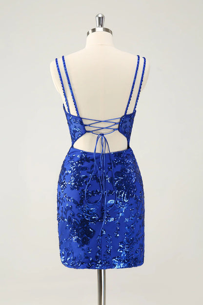 Glittler Royal Blue Spaghetti Straps Lace Up Short Homecoming Dress with Slit