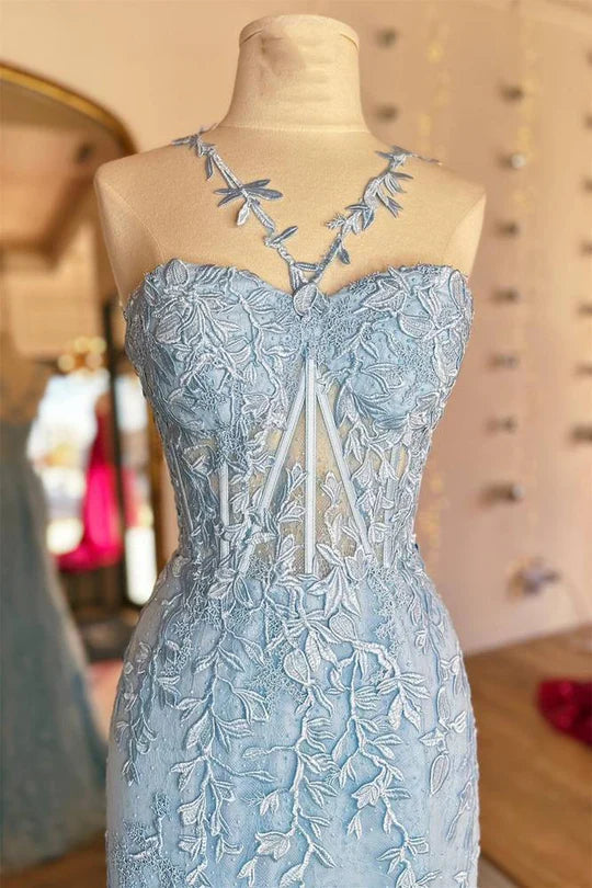 Halter Flower Straps Appliques Mermaid Long Prom Dress
