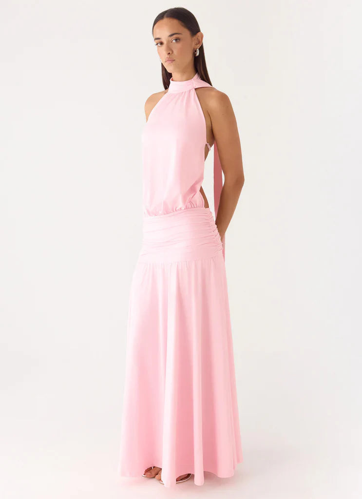 Halter Neck Baby Pink Open Back Ruched Waist Maxi Dress with Tie Detail