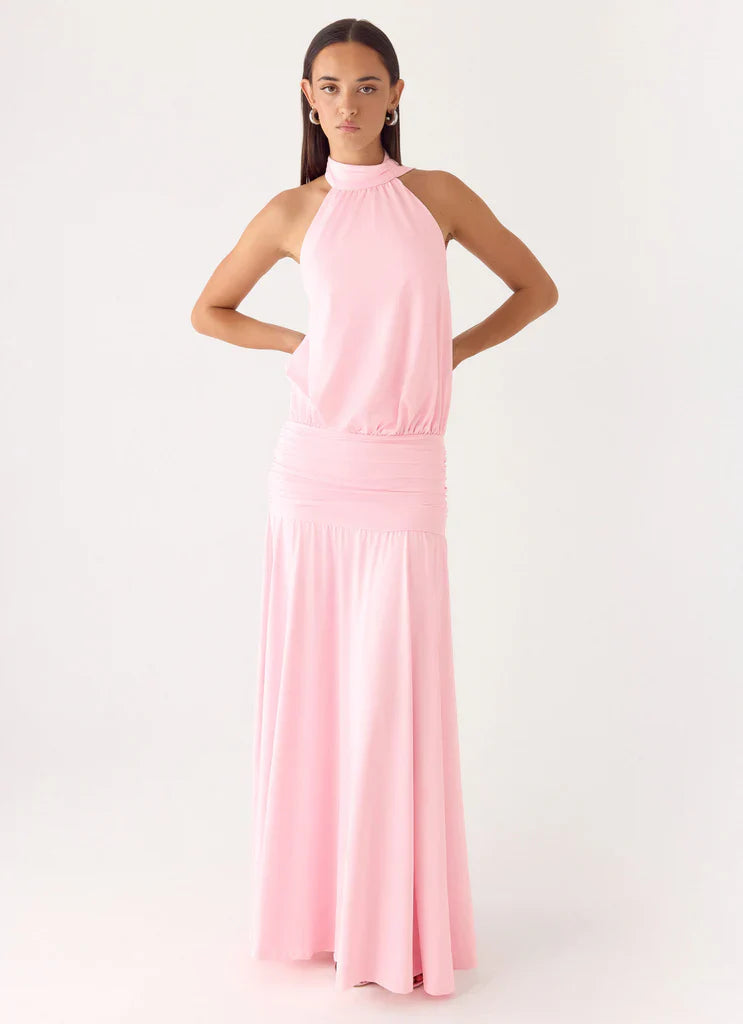 Halter Neck Baby Pink Open Back Ruched Waist Maxi Dress with Tie Detail