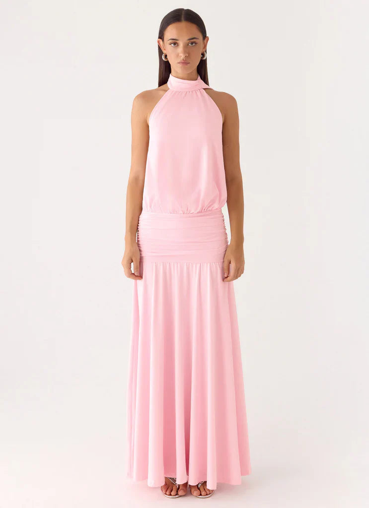 Halter Neck Baby Pink Open Back Ruched Waist Maxi Dress with Tie Detail