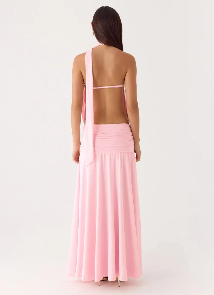 Halter Neck Baby Pink Open Back Ruched Waist Maxi Dress with Tie Detail