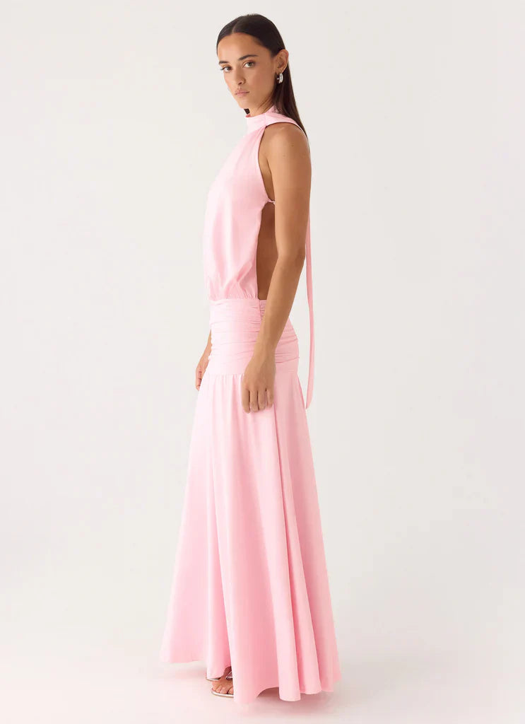 Halter Neck Baby Pink Open Back Ruched Waist Maxi Dress with Tie Detail