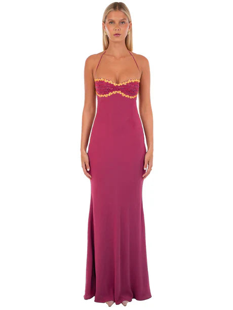 Halter Neck Beaded Bustier Lace Up Back Cutout Magenta Satin Mermaid Maxi Dress