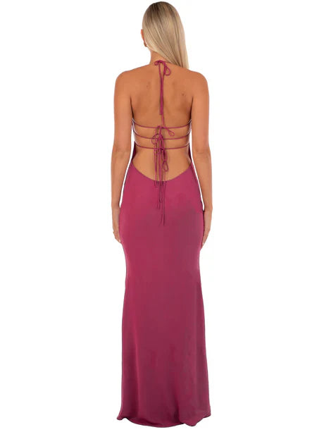 Halter Neck Beaded Bustier Lace Up Back Cutout Magenta Satin Mermaid Maxi Dress