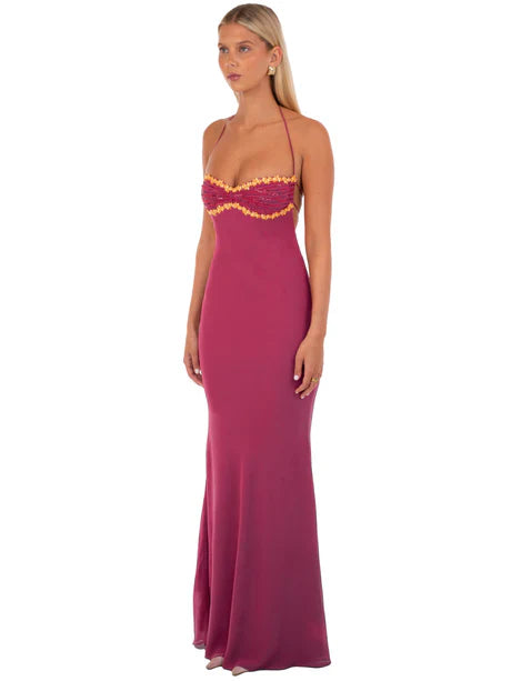 Halter Neck Beaded Bustier Lace Up Back Cutout Magenta Satin Mermaid Maxi Dress