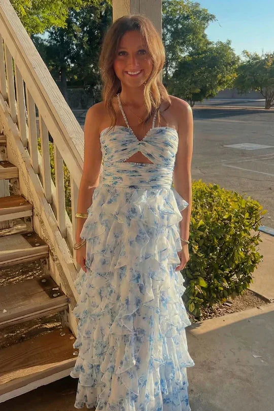 Halter Neck Blue Floral Tiered Chiffon Prom Dress with Cutout For Events