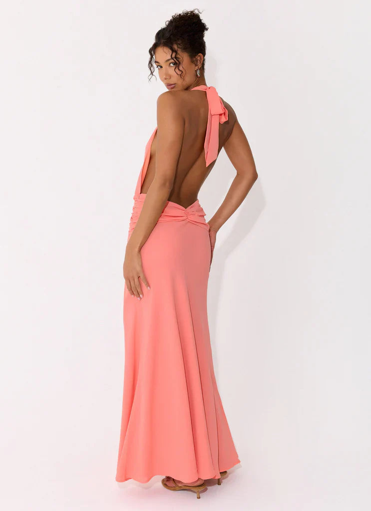 Halter Neck Coral Pink Open Back Maxi Prom Dress with Ruffle Detail