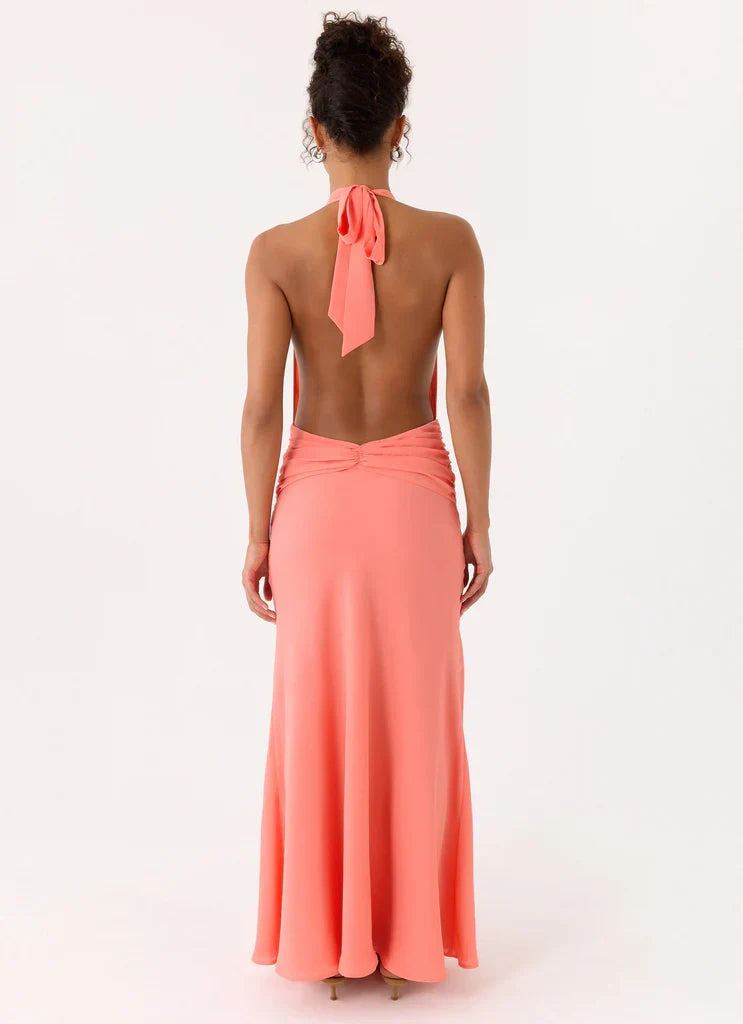 Halter Neck Coral Pink Open Back Maxi Prom Dress with Ruffle Detail