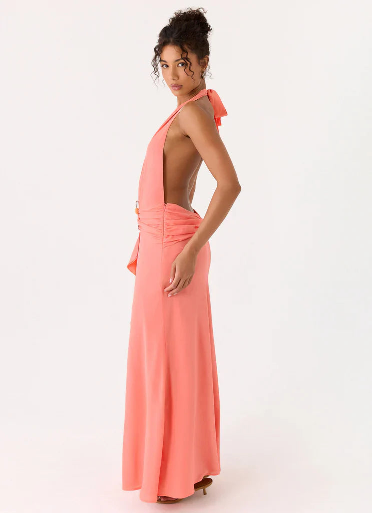 Halter Neck Coral Pink Open Back Maxi Prom Dress with Ruffle Detail