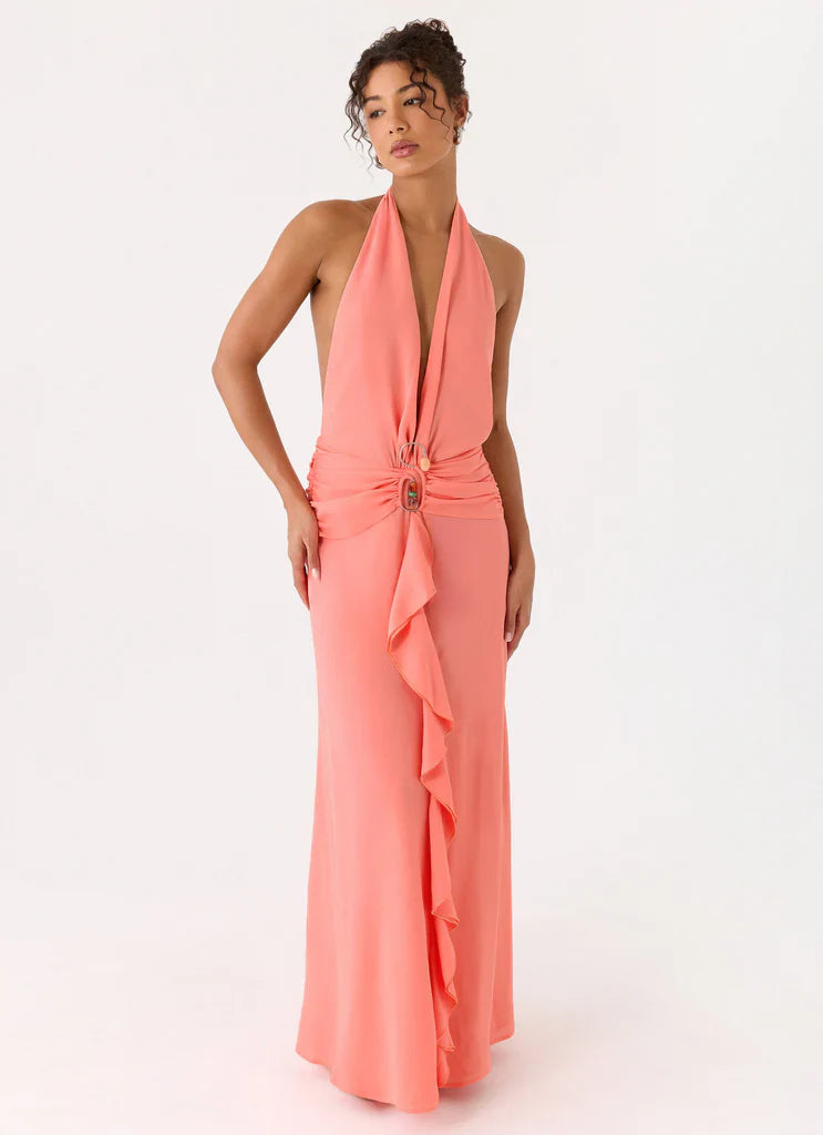 Halter Neck Coral Pink Open Back Maxi Prom Dress with Ruffle Detail