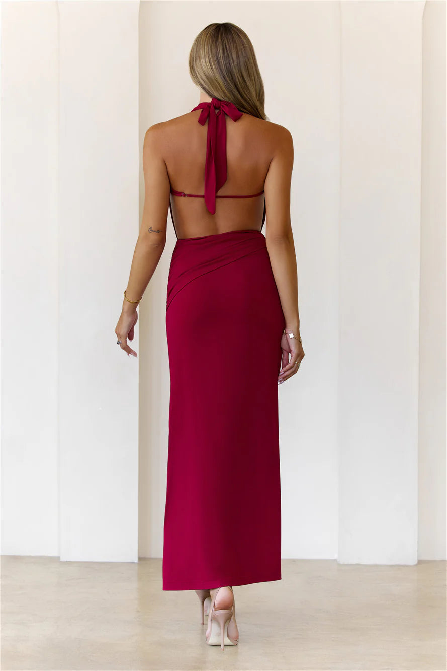 Halter Neck Deep V Ruched Maxi Evening Dress with Gold Hardware