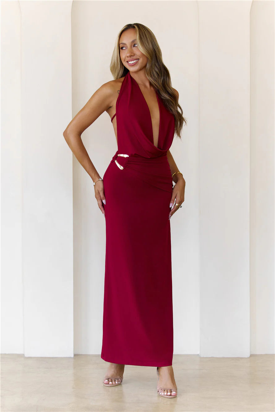 Halter Neck Deep V Ruched Maxi Evening Dress with Gold Hardware