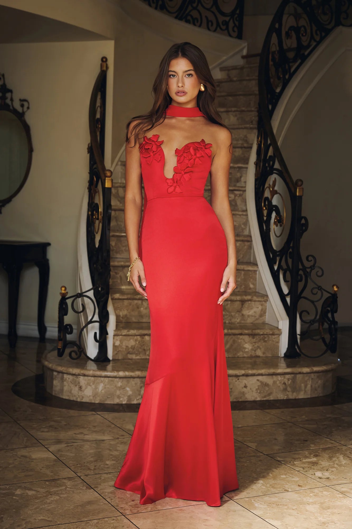Halter Neck Floral Applique Mermaid Maxi Evening Dress with Back Bow Detai