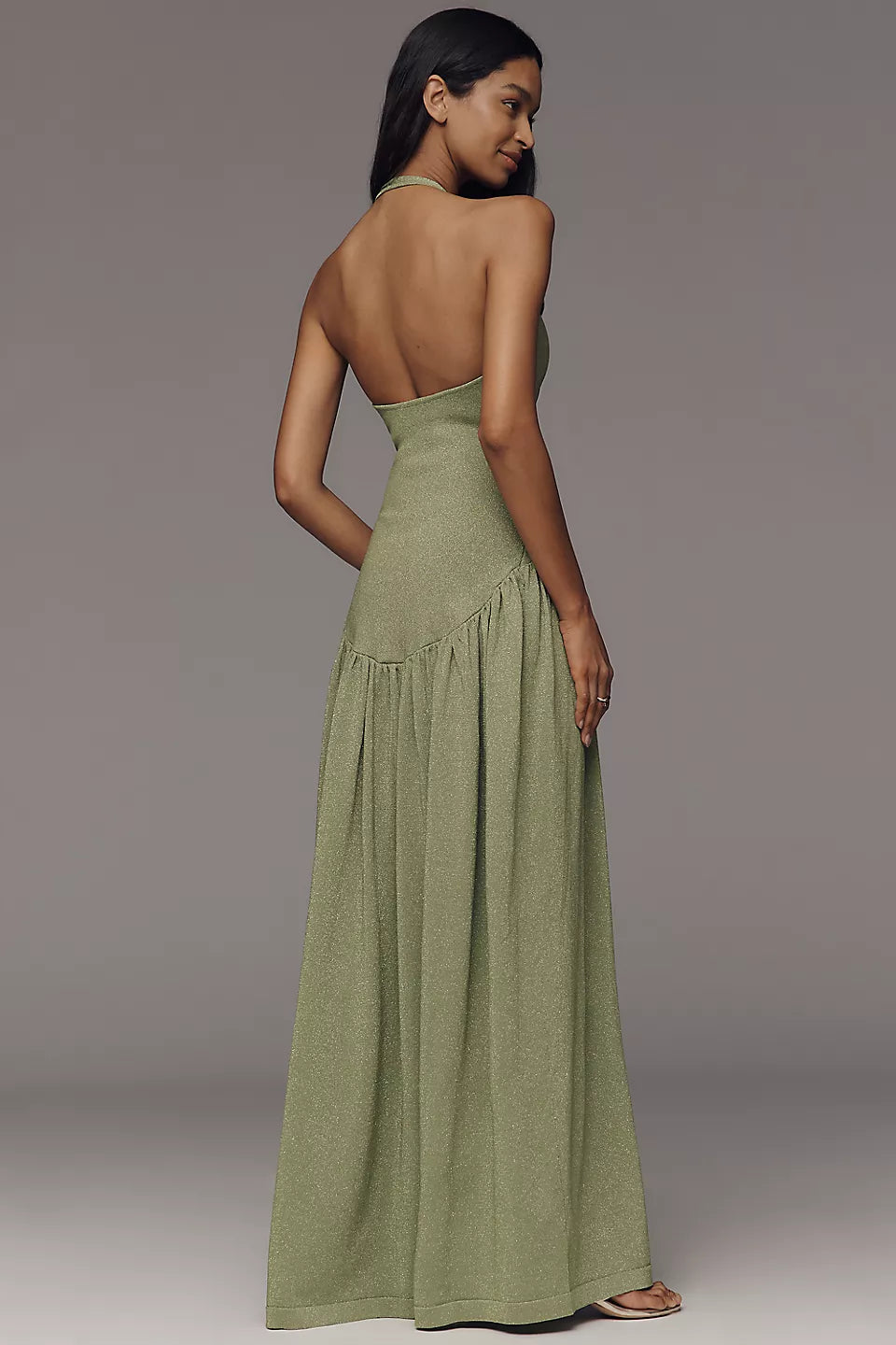 Halter Neck Glitter Knit Drop Waist Maxi Evening Dress
