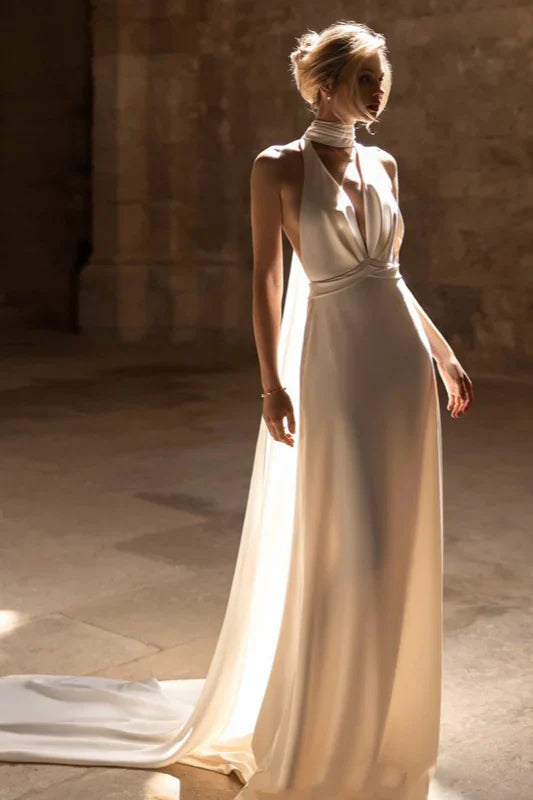 Halter Neck Ivory Satin Evening Dresses with Deep V Detail Ruched Waist and Detachable Cape Train