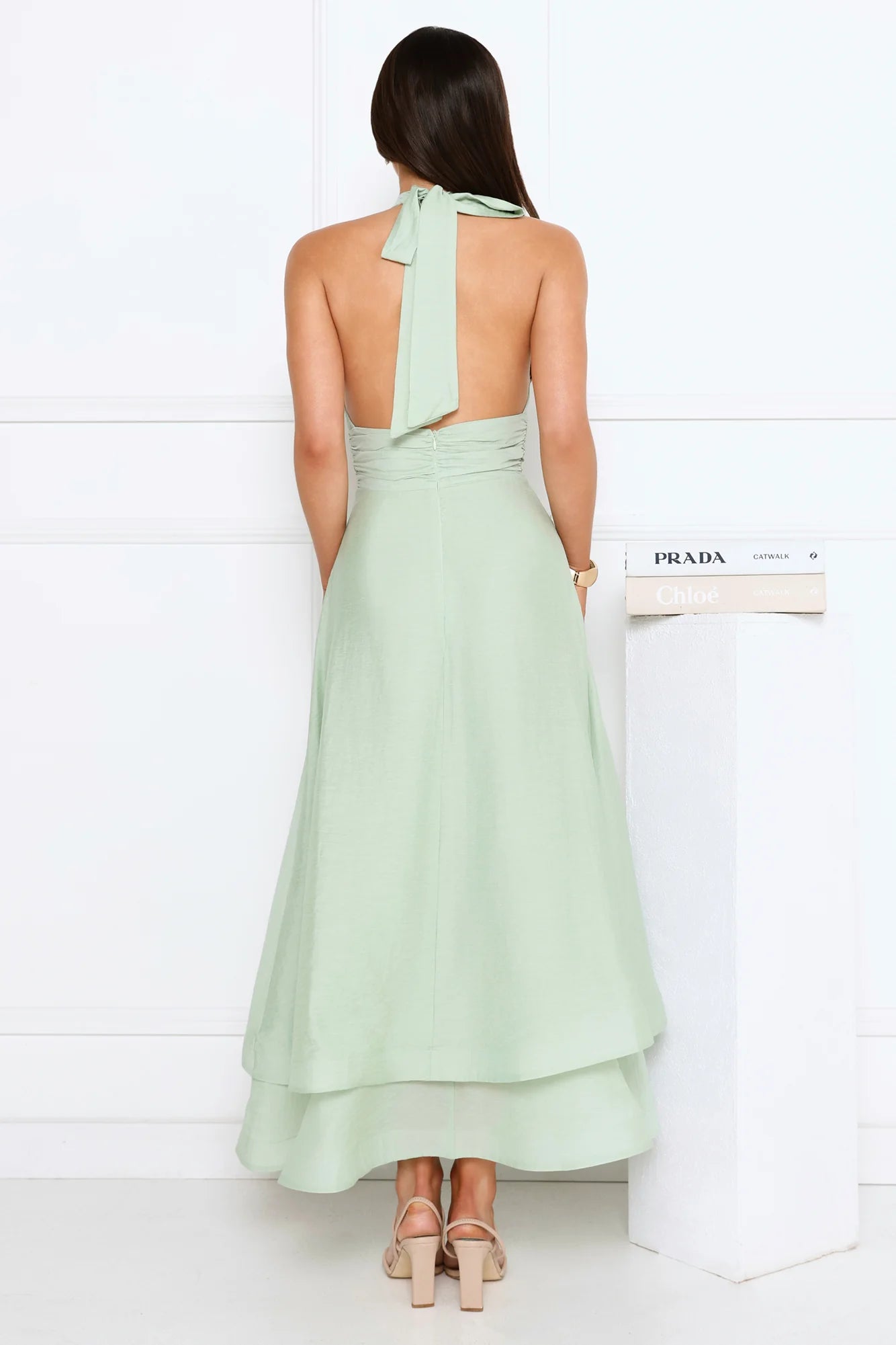 Halter Neck Layered Maxi Evening Dresses with Open Back