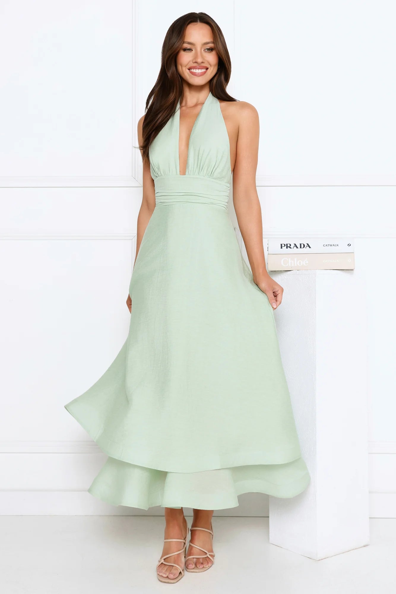 Halter Neck Layered Maxi Evening Dresses with Open Back