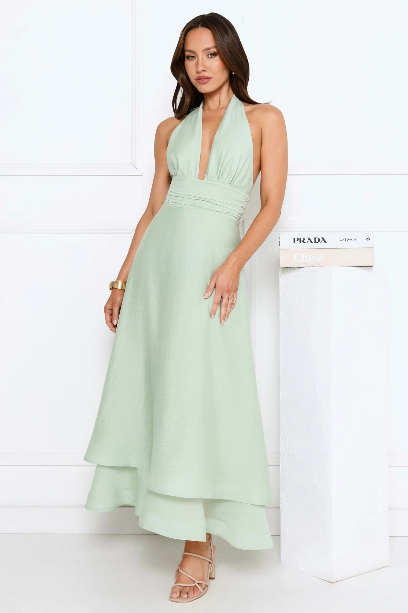 Halter Neck Layered Maxi Evening Dresses with Open Back
