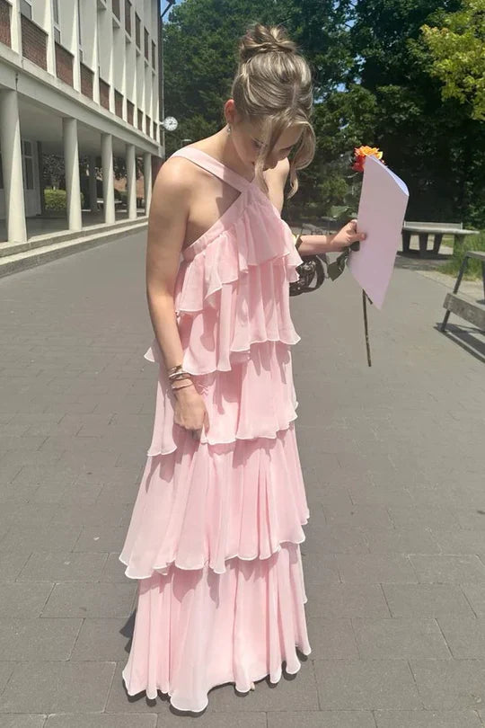 Halter Neck Pink Chiffon Ruffle Prom Dress with Open Back and Cascading Layers