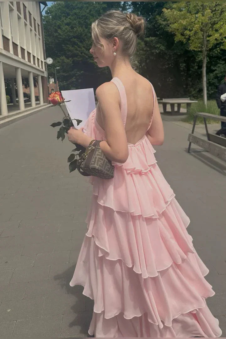 Halter Neck Pink Chiffon Ruffle Prom Dress with Open Back and Cascading Layers