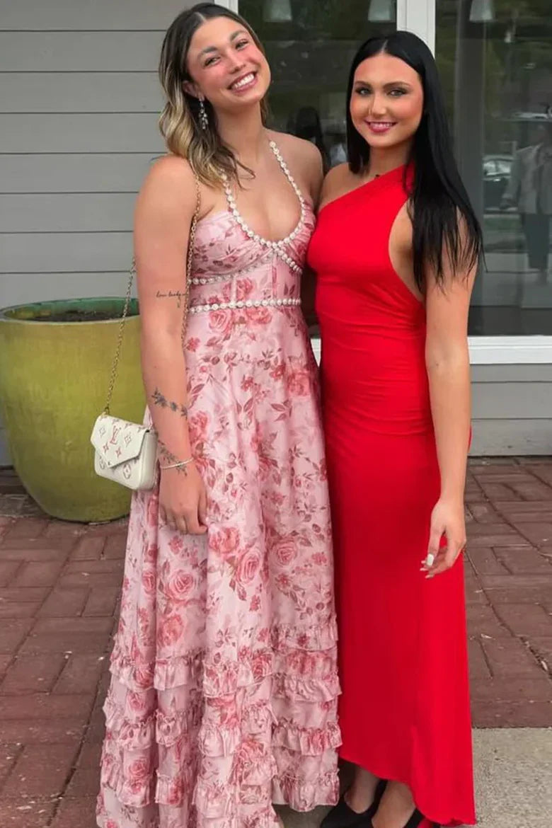 Halter Neck Pink Floral Maxi Prom Dress with Beaded Trim and Ruffled Slit Skirt