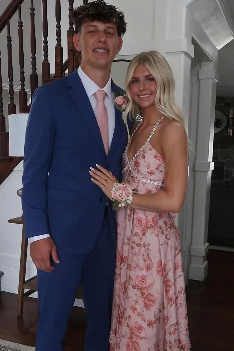 Halter Neck Pink Floral Maxi Prom Dress with Beaded Trim and Ruffled Slit Skirt