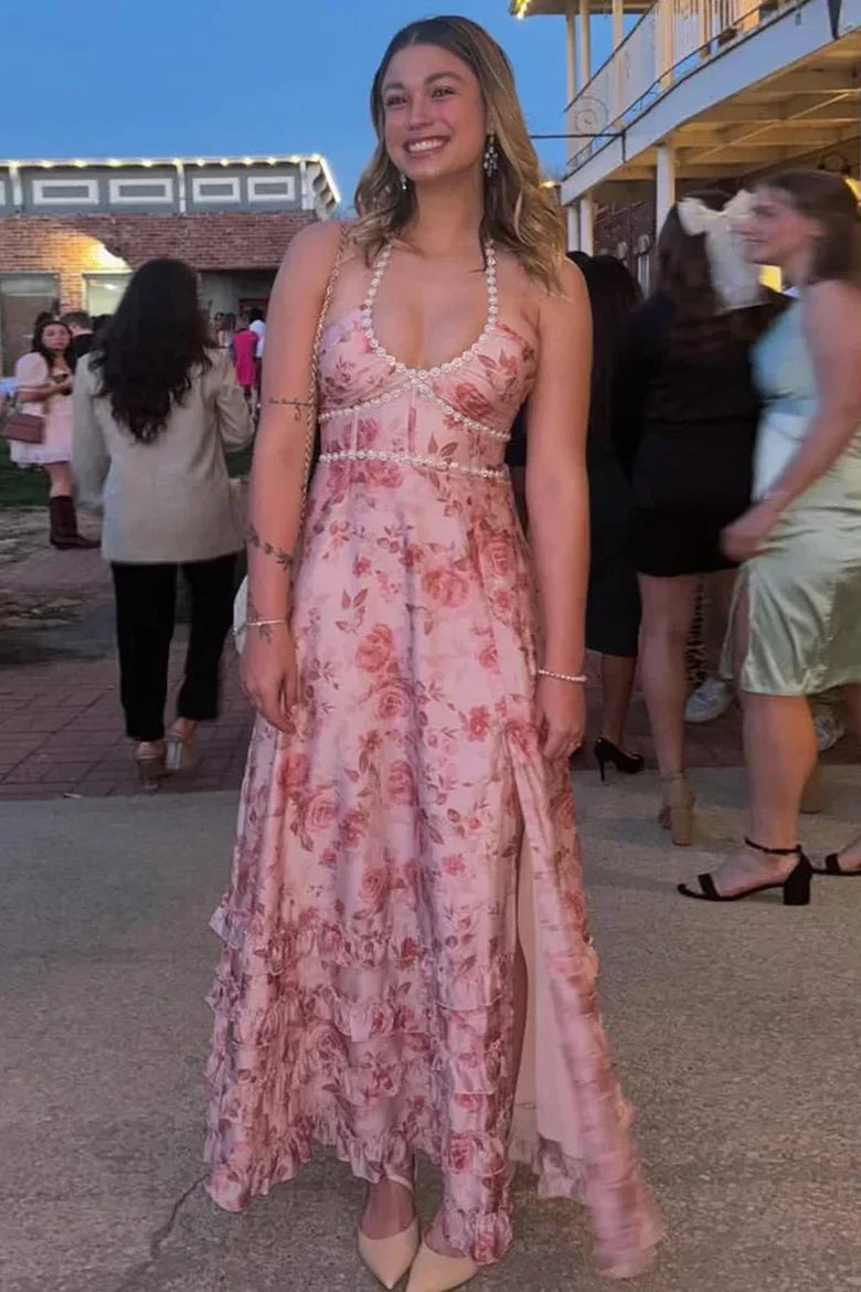 Halter Neck Pink Floral Maxi Prom Dress with Beaded Trim and Ruffled Slit Skirt
