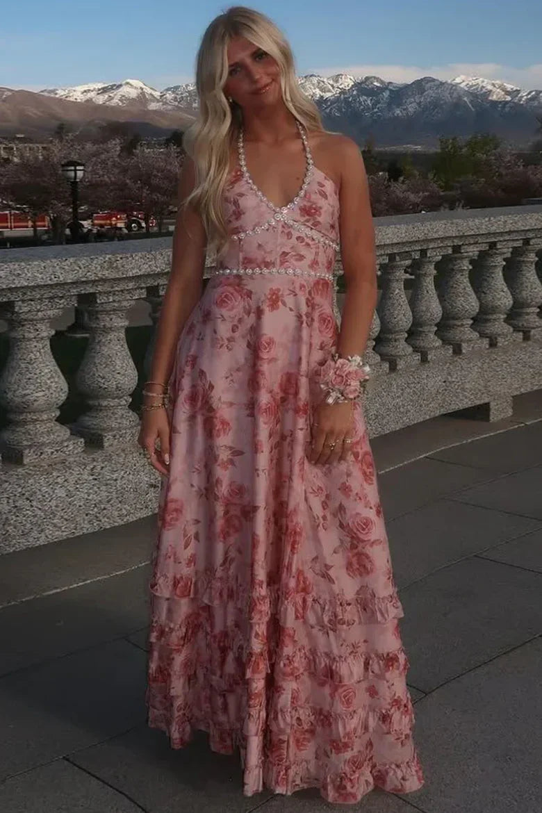 Halter Neck Pink Floral Maxi Prom Dress with Beaded Trim and Ruffled Slit Skirt